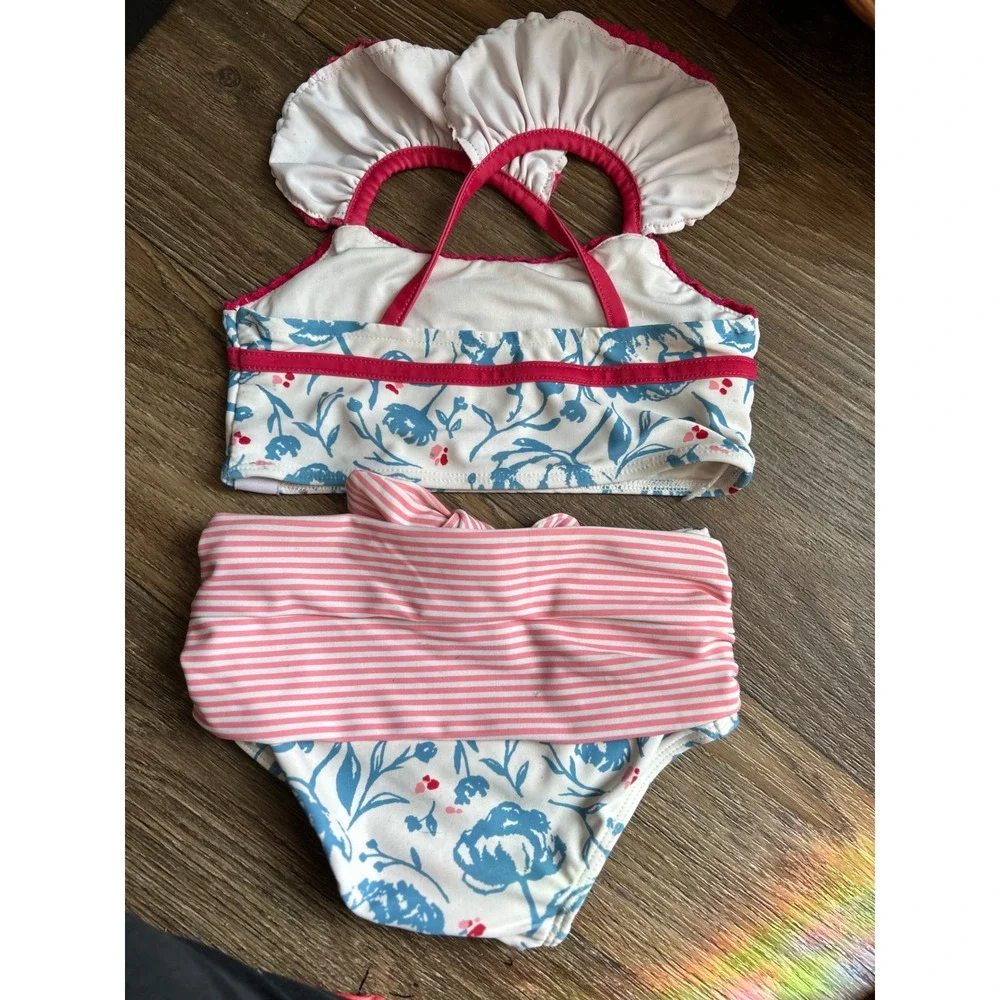 SweetHoney Toddler Girls 2 Piece Swimsuit Floral Striped Pink Blue Ruffle 3T